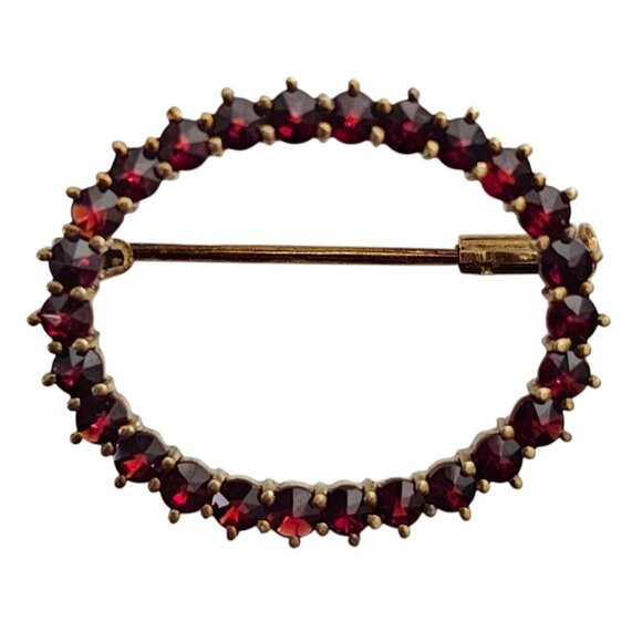 14K Yellow Gold Garnet Open Round Pin, Trombone Clasp L866